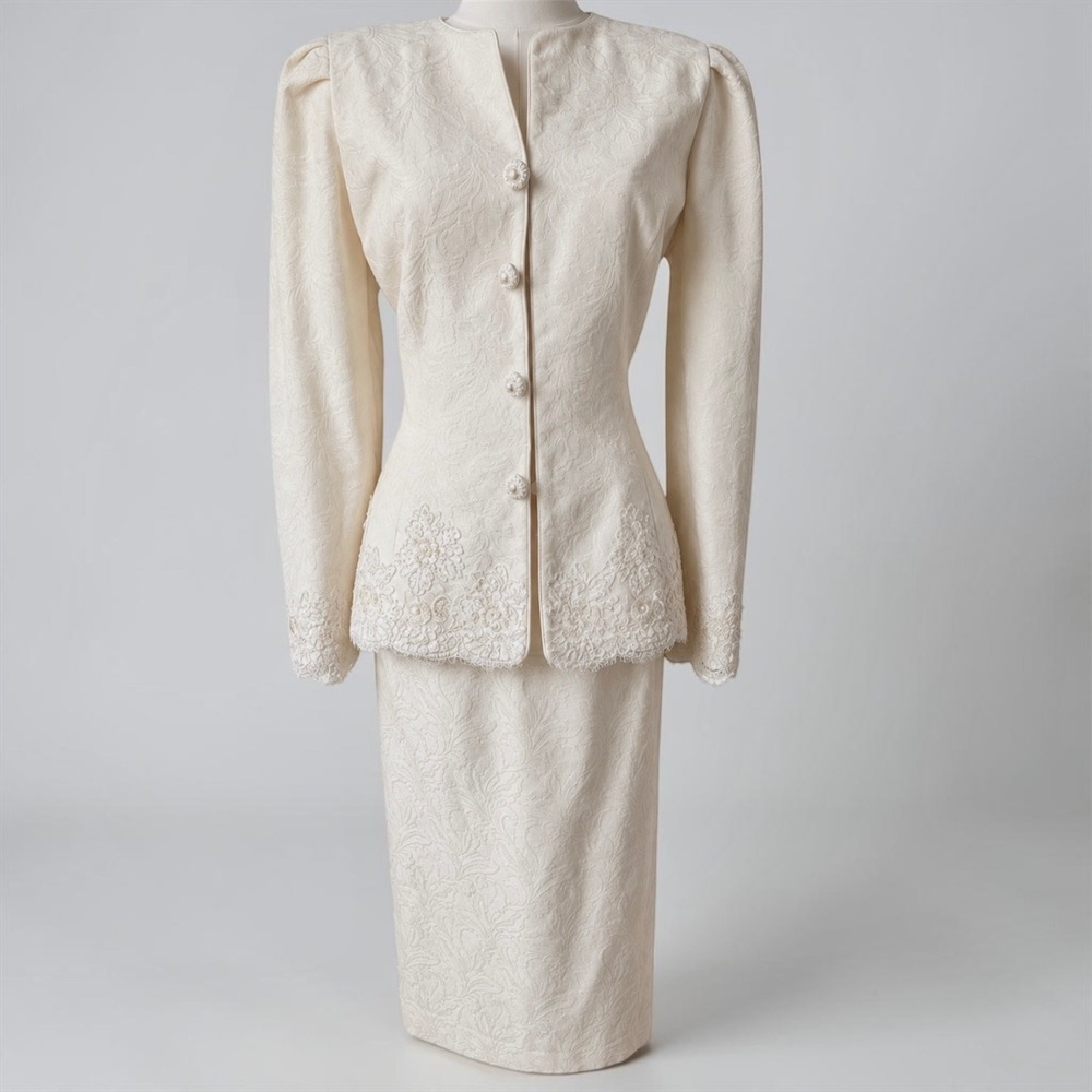 Karen Lawrence Ivory Beaded Lace Skirt Suit 12 Formal Wedding Evening